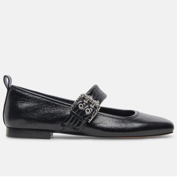 Dolce Vita Arora Black Leather Flats with Silver Buckle, Square Toe, Ballet, 6